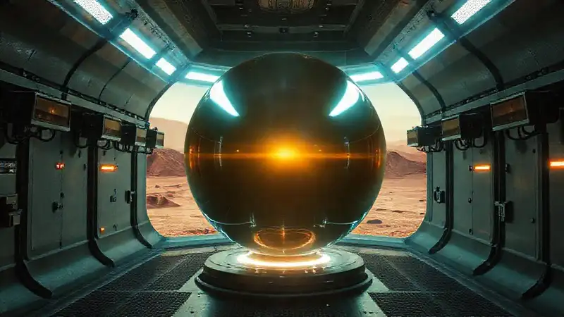Esfera metálica brillante en cámara segura futurista
