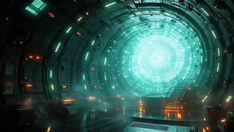 Estructura espiral luminosa en cámara futurista