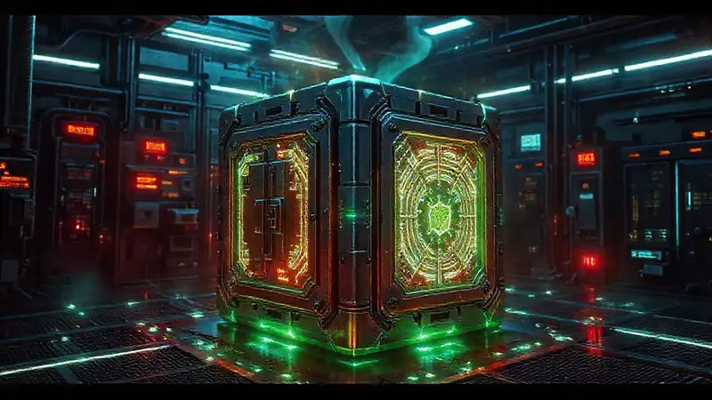 Cubo metálico con energía y seguridad futurista