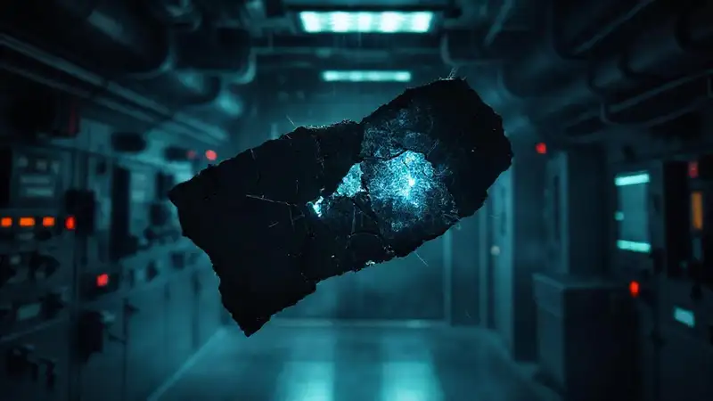 Fragmento metálico misterioso en entorno futurista