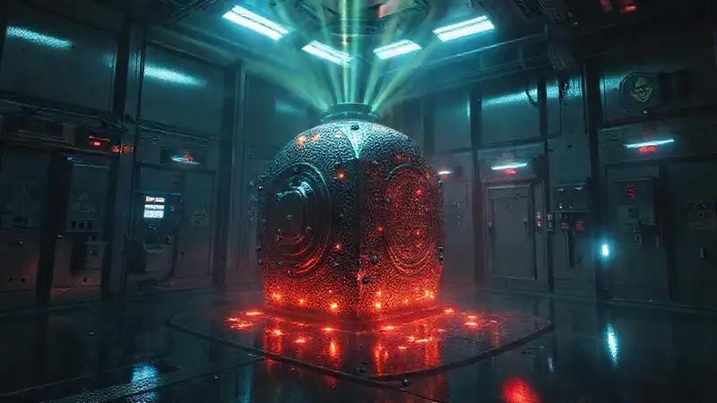 Estructura metálica misteriosa en laboratorio futurista