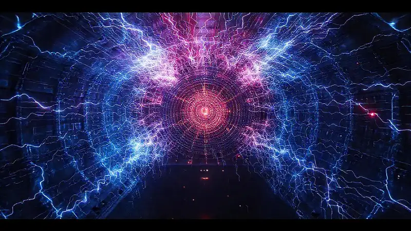 Estructura futurista con energía y distorsión electromagnética