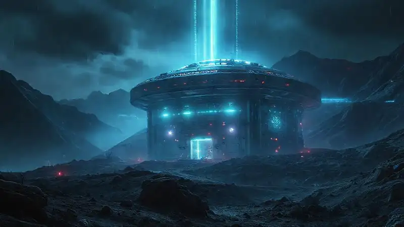 Estructura futurista en paisaje remoto y tenso