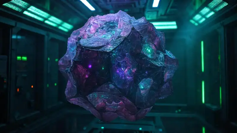 Estructura alienígena cambiante en laboratorio futurista
