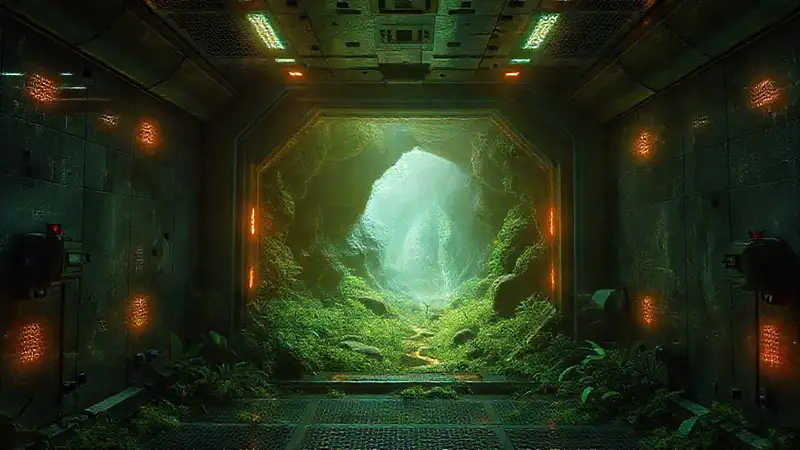 Sala segura con paisaje y fluctuaciones electromagnéticas