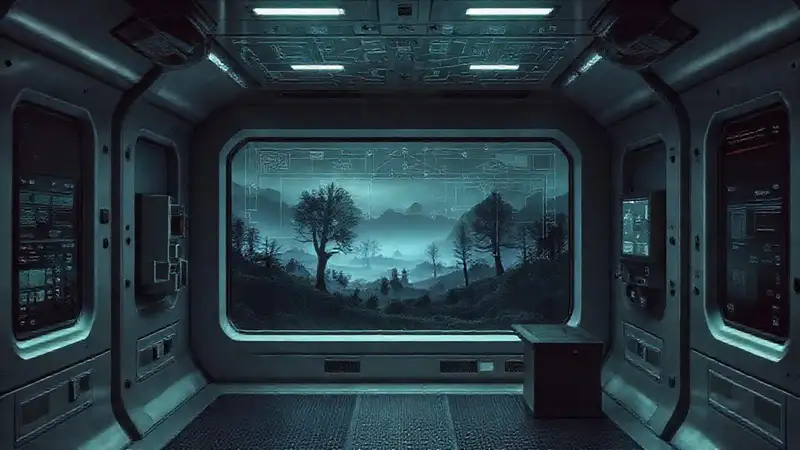 Sala segura con monitores y ambiente misterioso