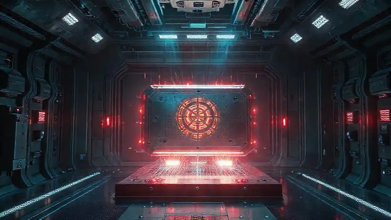 Objeto metálico misterioso en contención futurista