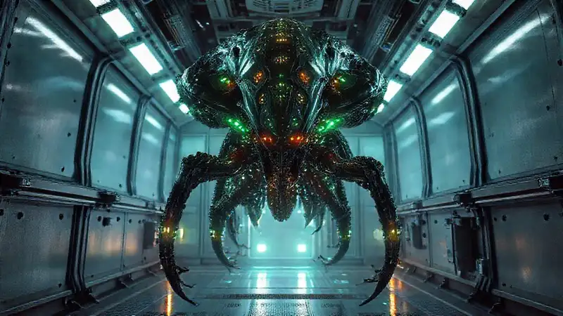 Estructura biometálica luminosa en entorno futurista