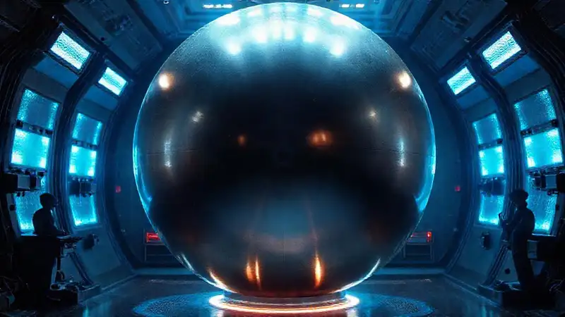 Esfera metálica azul en contención futurista
