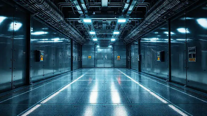 Sala de contención futurista con sensores y alertas