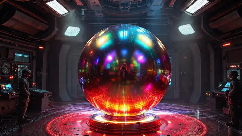 Esfera metálica iridiscente en laboratorio futurista segura