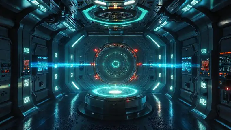 Sala futurista con campo magnético y advertencias