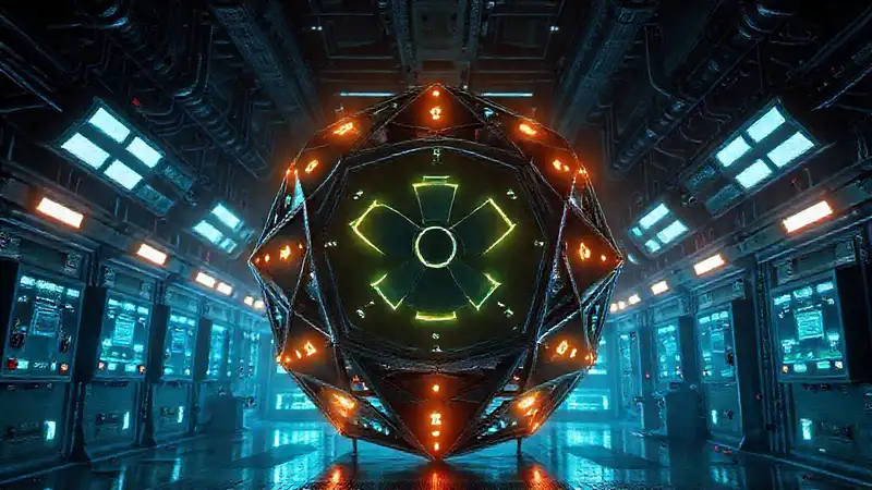 Estructura futurista con símbolos en un ambiente seguro