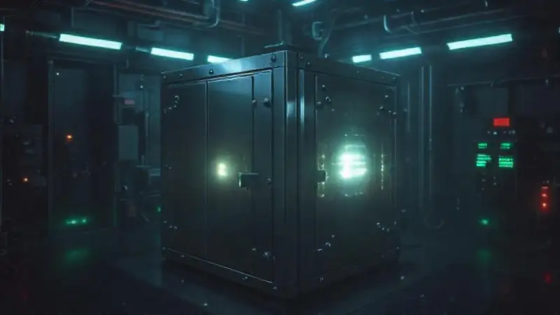 Cubo metálico con radiación en entorno seguro