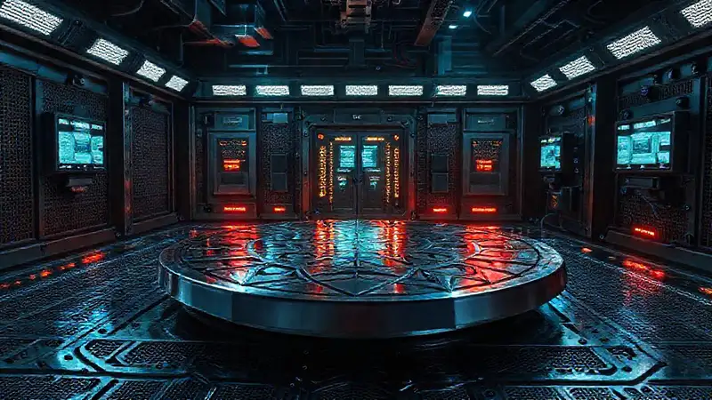 Superficie metálica flotante en recinto secreto futurista
