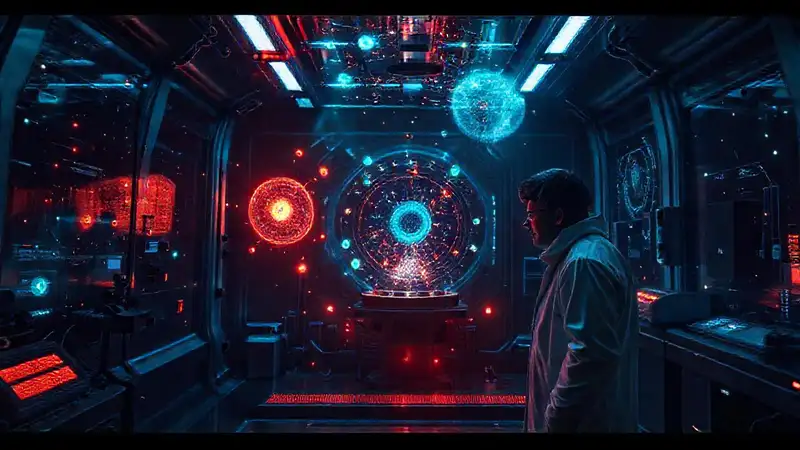 Laboratorio futurista con partículas y patrones cuánticos