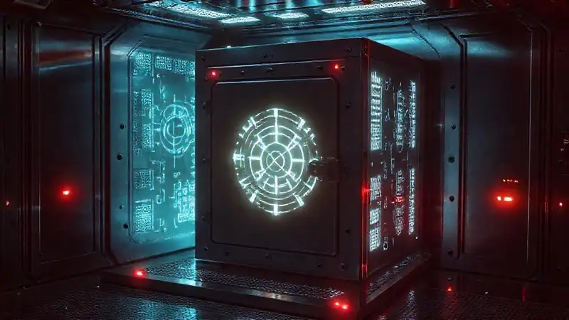 Cubo de contención con símbolos luminisos y misteriosos
