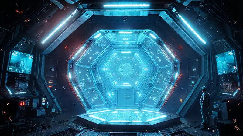 Cámara futurista con estructura metálica y tecnología