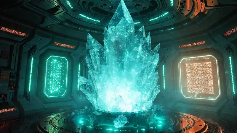 Estructura futurista con runas y radiación