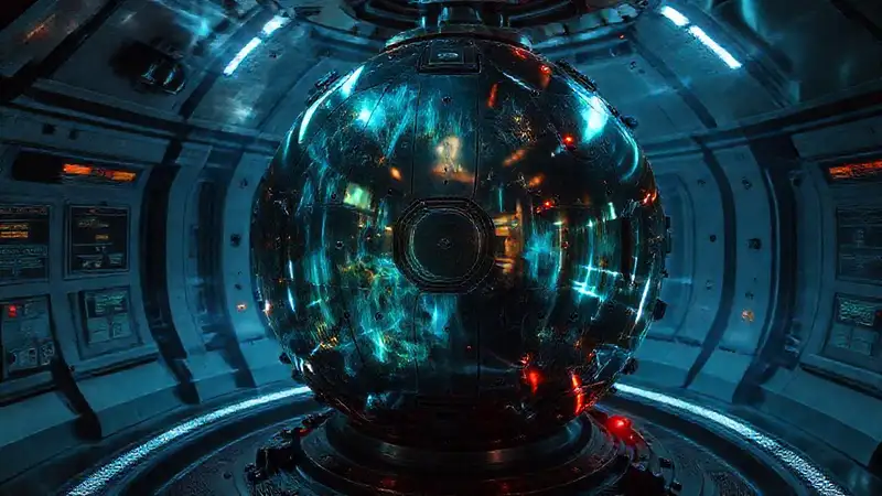 Esfera metálica en cámara futurista segura