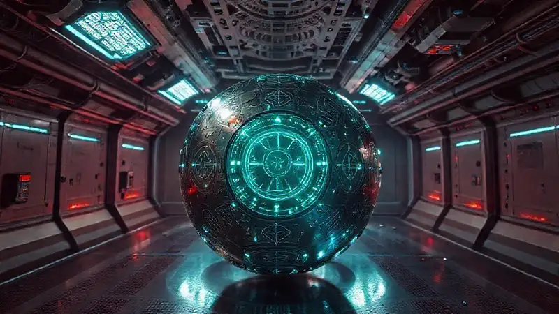 Esfera metálica misteriosa en cámara segura futurista