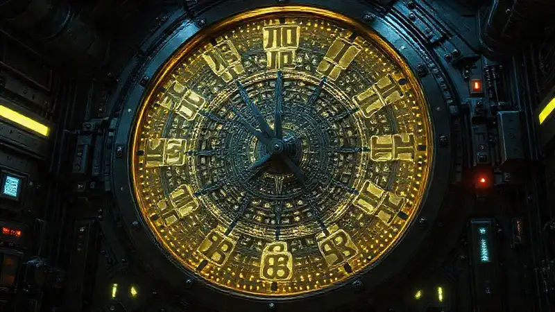 Reloj mecánico futurista con runas luminarias