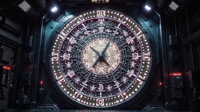 Reloj mecánico futurista en entorno de alta seguridad