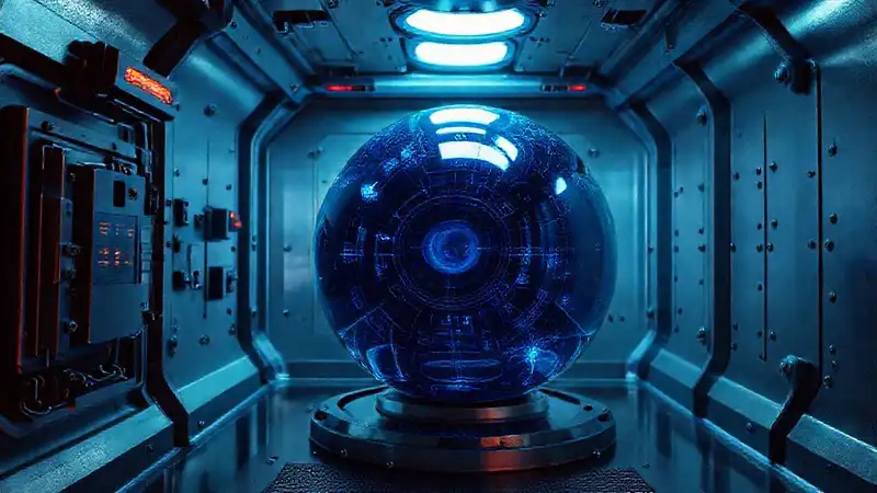 Esfera azul fractal en entorno futurista seguro