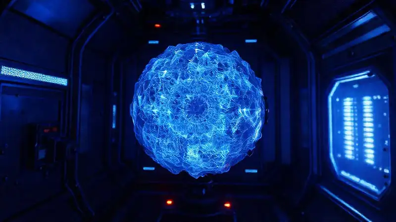 Esfera fractal azul en contención de seguridad