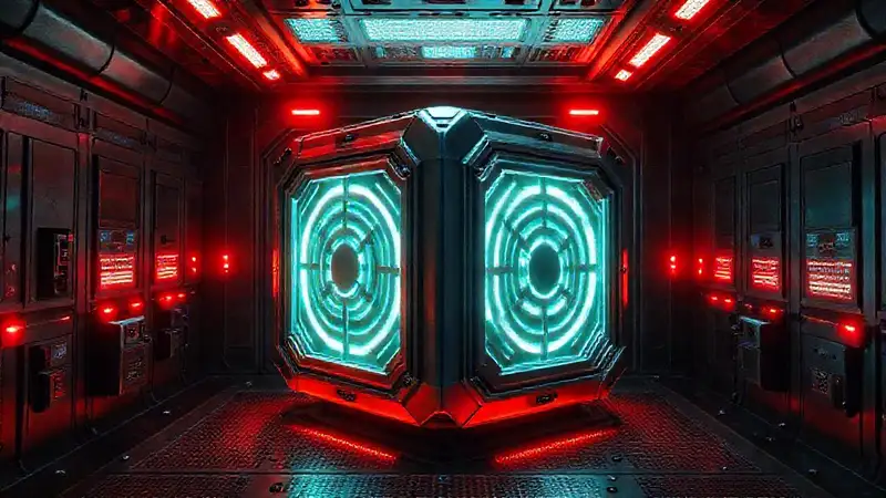 Cubo metálico futurista en entorno peligroso