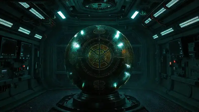 Esfera metálica en laboratorio futurista y peligroso