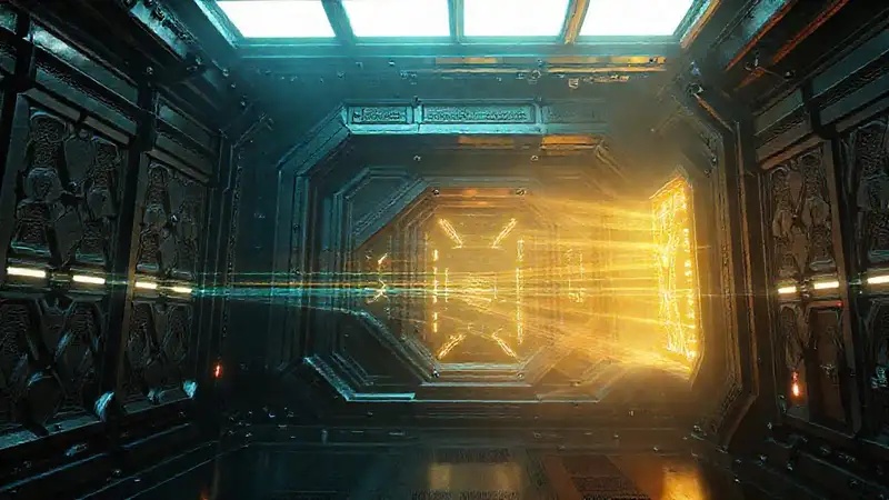 Estructura metálica futurista con ondas electromagnéticas