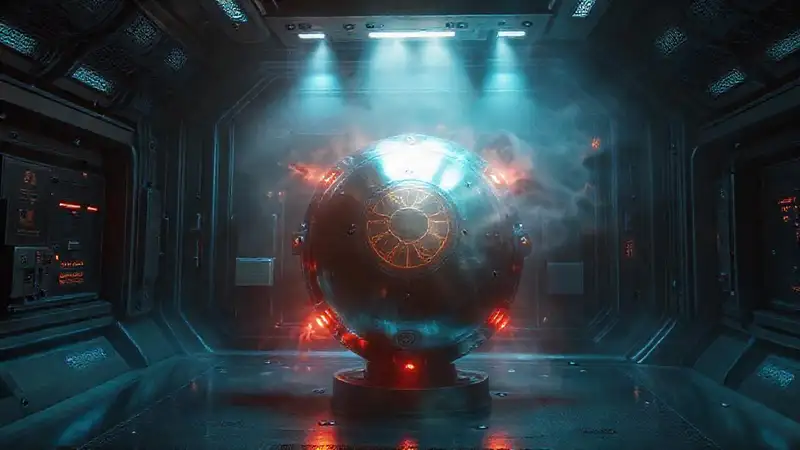 Objeto metálico misterioso en laboratorio futurista