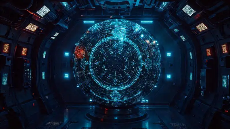 Esfera metálica misteriosa en cámara futurista segura