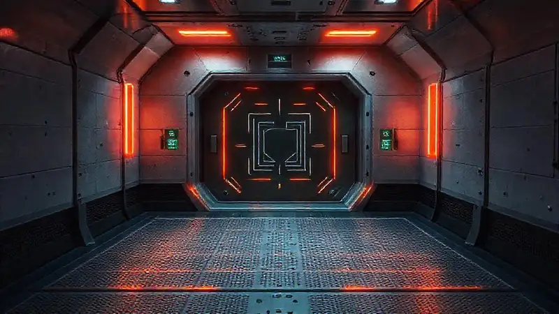 Cápsula futurista con patrones y luces anaranjadas