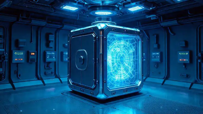 Objeto metálico cúbico en laboratorio futurista