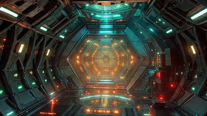 Estructura tecnológica con patrones y energía misteriosa