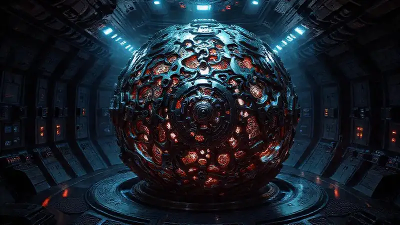 Esfera metálica fractal en cámara futurista