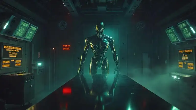 Silhouette metálica misteriosa en sala de alta tecnología