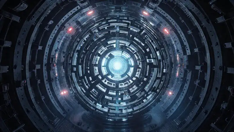 Esfera metálica en prisión futurista y misteriosa