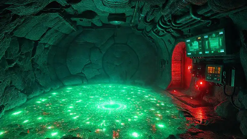 Cámara secreta futurista con energía y peligro