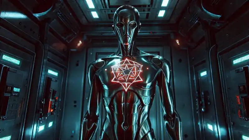 Torso metálico humanoide en cámara futurista