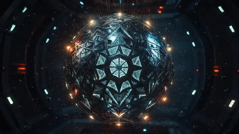 Esfera metálica luminosa en entorno sci-fi