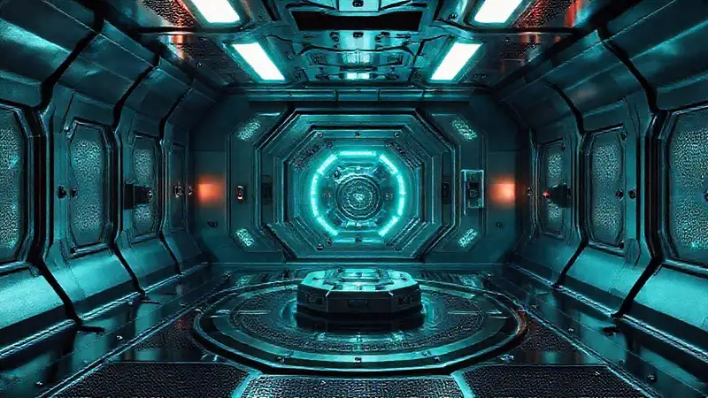 Cápsula futurista con dispositivo misterioso y vigilancia