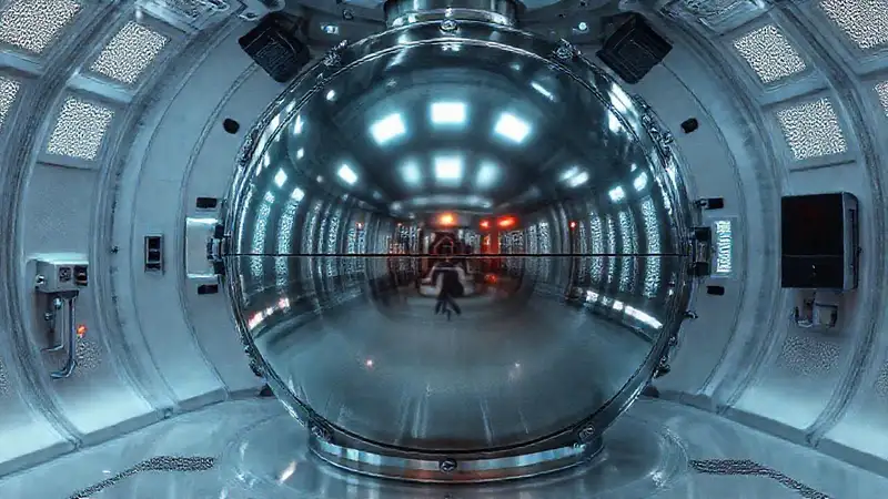 Esfera metálica en cámara segura futurista