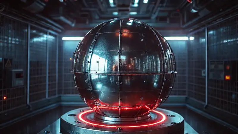 Esfera metálica reflectante en entorno futurista