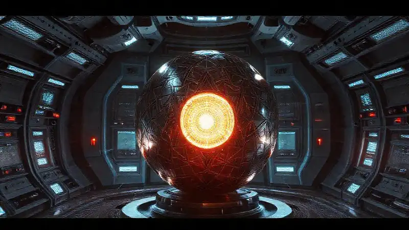 Esfera metálica luminosa en cámara futurista