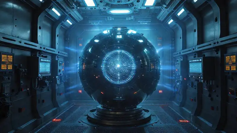 Esfera metálica luminosa en contenedor futurista