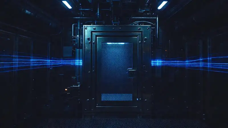 Estructura metálica con líneas azules y seguridad