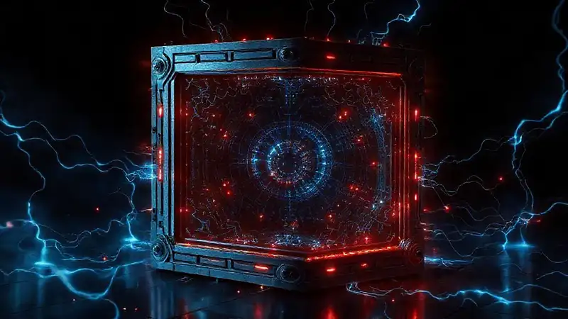 Cubos metálicos futuristas con energía y ondas